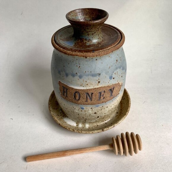 Honey Pot Lidded with Stick Pottery Handmade - Picture 1 of 6